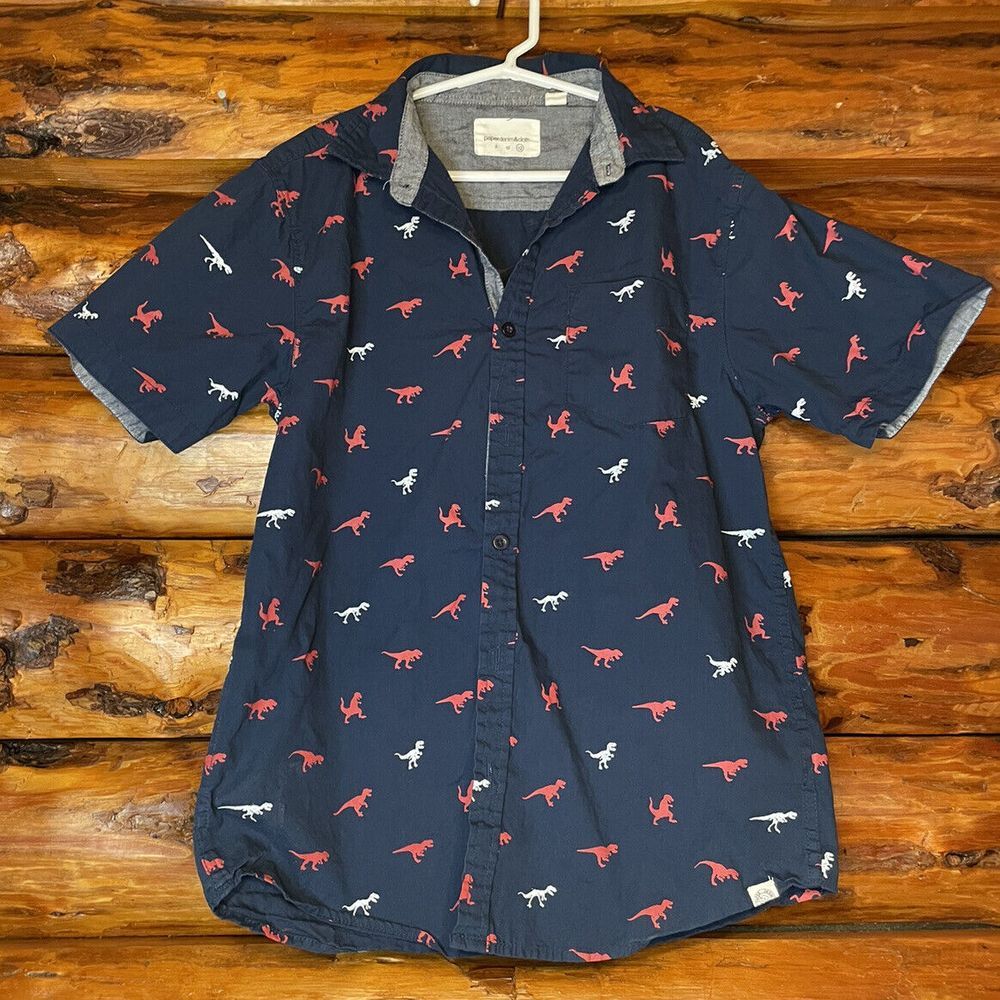 Paper Denim & Cloth Navy Blue Short Sleeved Button Down‎ With Dinosaurs Size 12